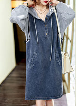 Load image into Gallery viewer, Boutique Blue hooded Pockets Button Patchwork Fall Long sleeve Denim Mid Dress