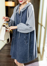 Load image into Gallery viewer, Boutique Blue hooded Pockets Button Patchwork Fall Long sleeve Denim Mid Dress