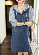 Load image into Gallery viewer, Boutique Blue hooded Pockets Button Patchwork Fall Long sleeve Denim Mid Dress