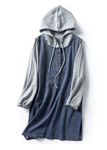 Load image into Gallery viewer, Boutique Blue hooded Pockets Button Patchwork Fall Long sleeve Denim Mid Dress