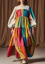 Load image into Gallery viewer, Boutique Colorblock O Neck Patchwork Cotton Dresses Lantern Sleeve