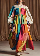 Load image into Gallery viewer, Boutique Colorblock O Neck Patchwork Cotton Dresses Lantern Sleeve