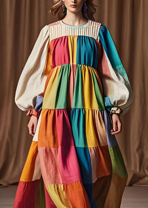 Boutique Colorblock O Neck Patchwork Cotton Dresses Lantern Sleeve