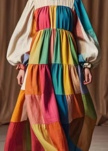 Load image into Gallery viewer, Boutique Colorblock O Neck Patchwork Cotton Dresses Lantern Sleeve