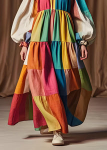 Boutique Colorblock O Neck Patchwork Cotton Dresses Lantern Sleeve