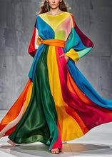 Load image into Gallery viewer, Boutique Colorblock O Neck Tie Waist Patchwork Silk Dresses Long Sleeve