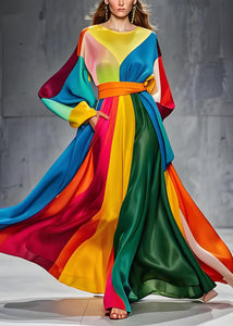 Boutique Colorblock O Neck Tie Waist Patchwork Silk Dresses Long Sleeve