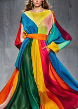 Load image into Gallery viewer, Boutique Colorblock O Neck Tie Waist Patchwork Silk Dresses Long Sleeve