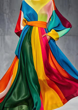 Load image into Gallery viewer, Boutique Colorblock O Neck Tie Waist Patchwork Silk Dresses Long Sleeve