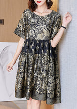 Load image into Gallery viewer, Boutique Gold O-Neck Print Wrinkled Patchwork Silk Dresses Summer