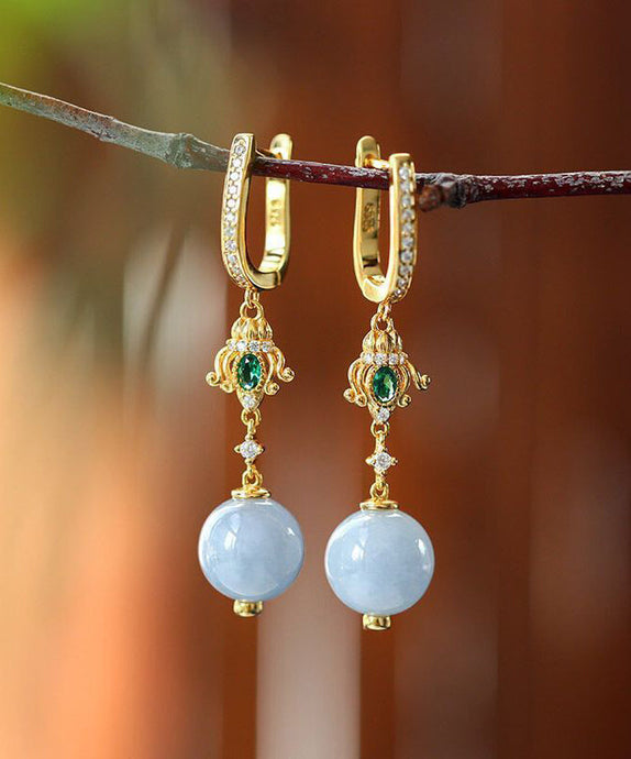 Boutique Gold Sterling Silver Overgild Inlaid Zircon Jade CrystalDrop Earrings