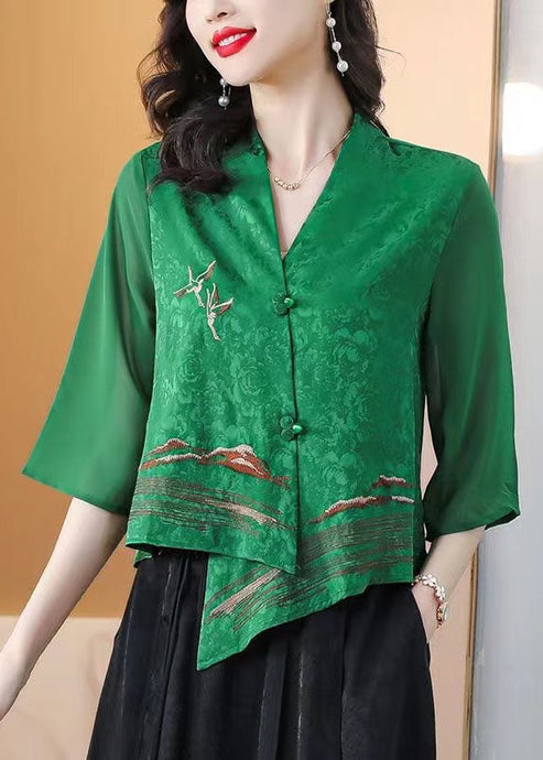 Boutique Green Asymmetrical Embroidered Silk Shirt Tops Bracelet Sleeve