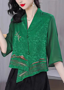 Boutique Green Asymmetrical Embroidered Silk Shirt Tops Bracelet Sleeve