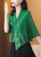 Load image into Gallery viewer, Boutique Green Asymmetrical Embroidered Silk Shirt Tops Bracelet Sleeve