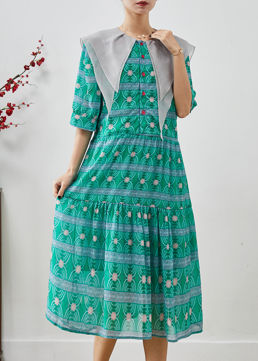 Boutique Green Double-layer Print Chiffon Dress Summer