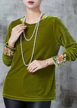 Load image into Gallery viewer, Boutique Green Embroidered Silk Velour Blouses Spring