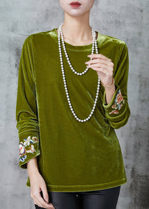 Boutique Green Embroidered Silk Velour Blouses Spring