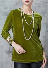 Load image into Gallery viewer, Boutique Green Embroidered Silk Velour Blouses Spring