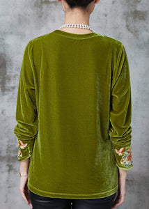 Boutique Green Embroidered Silk Velour Blouses Spring