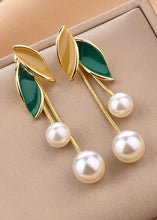 Load image into Gallery viewer, Boutique Green Leaf Pearl Metal Drop Earrings