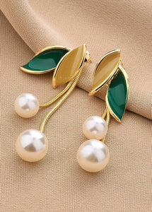 Boutique Green Leaf Pearl Metal Drop Earrings