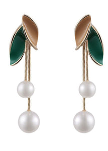 Boutique Green Leaf Pearl Metal Drop Earrings