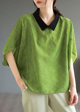 Load image into Gallery viewer, Boutique Green Peter Pan Collar Patchwork Cotton T Shirt Tops Batwing Sleeve