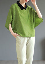 Load image into Gallery viewer, Boutique Green Peter Pan Collar Patchwork Cotton T Shirt Tops Batwing Sleeve