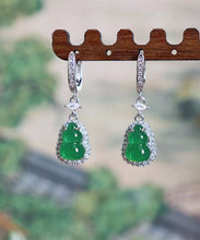 Load image into Gallery viewer, Boutique Green Sterling Silver Inlaid Zircon Jade Gourd Drop Earrings