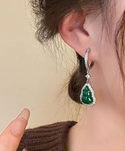 Load image into Gallery viewer, Boutique Green Sterling Silver Inlaid Zircon Jade Gourd Drop Earrings