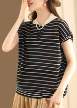 Load image into Gallery viewer, Boutique Green Striped Peter Pan Collar Patchwork Linen Knit Top Summer