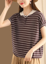 Load image into Gallery viewer, Boutique Green Striped Peter Pan Collar Patchwork Linen Knit Top Summer