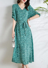 Load image into Gallery viewer, Boutique Green V Neck Print Tie Waist Chiffon Dresses Summer