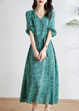 Load image into Gallery viewer, Boutique Green V Neck Print Tie Waist Chiffon Dresses Summer