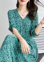 Load image into Gallery viewer, Boutique Green V Neck Print Tie Waist Chiffon Dresses Summer