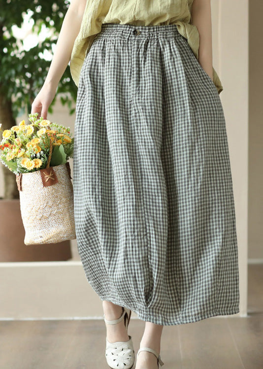 Boutique Grey Green Plaid Elastic Waist Linen Maxi Skirt Summer