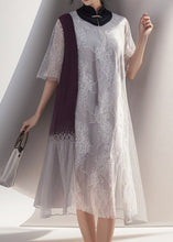 Load image into Gallery viewer, Boutique Grey Stand Collar Print Patchwork Tulle Dress Summer