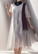 Load image into Gallery viewer, Boutique Grey Stand Collar Print Patchwork Tulle Dress Summer