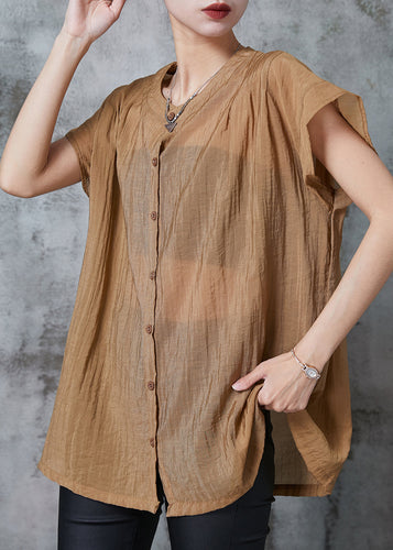 Boutique Khaki Oversized Button Down Cotton Top Summer