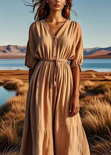 Load image into Gallery viewer, Boutique Khaki V Neck Tie Waist Patchwork Linen Maxi Dresses Summer