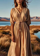 Load image into Gallery viewer, Boutique Khaki V Neck Tie Waist Patchwork Linen Maxi Dresses Summer