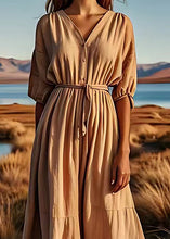 Load image into Gallery viewer, Boutique Khaki V Neck Tie Waist Patchwork Linen Maxi Dresses Summer