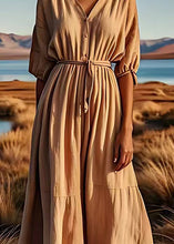 Load image into Gallery viewer, Boutique Khaki V Neck Tie Waist Patchwork Linen Maxi Dresses Summer