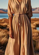 Load image into Gallery viewer, Boutique Khaki V Neck Tie Waist Patchwork Linen Maxi Dresses Summer