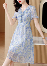 Load image into Gallery viewer, Boutique Light Blue V Neck Ruffled Print Chiffon Dresses Summer