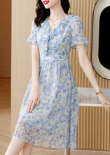 Load image into Gallery viewer, Boutique Light Blue V Neck Ruffled Print Chiffon Dresses Summer