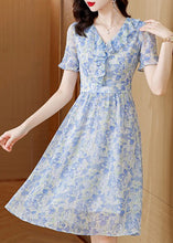 Load image into Gallery viewer, Boutique Light Blue V Neck Ruffled Print Chiffon Dresses Summer