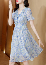 Load image into Gallery viewer, Boutique Light Blue V Neck Ruffled Print Chiffon Dresses Summer