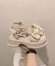 Load image into Gallery viewer, Boutique Nail Bead Bow Buckle Strap Splicing Platform Sandals Beige