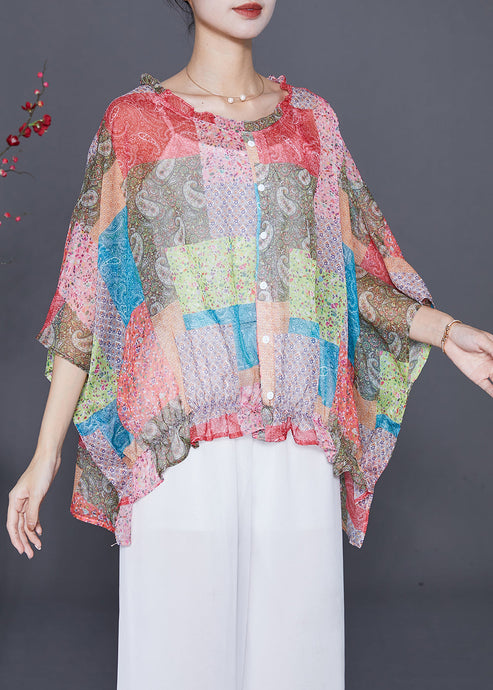 Boutique Oversized Print Wrinkled Chiffon Blouse Top Batwing Sleeve